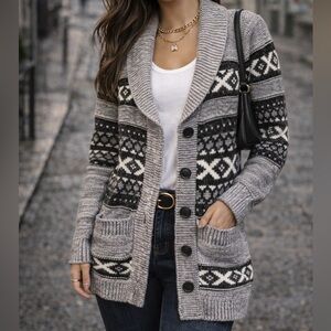 Sansara Fair Isle Shawl Collar Cardigan Sweater Size M